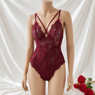 Elegant Floral Lace Deep V Bodysuit with Strappy Back Detail
