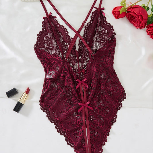 Elegant Floral Lace Deep V Bodysuit with Strappy Back Detail