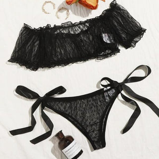 Lace Off-Shoulder Sheer Lingerie Set with Tube Top Midnight Noir