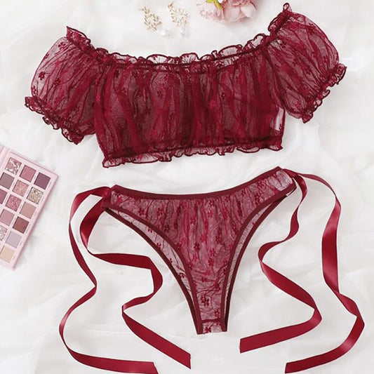 Lace Off-Shoulder Sheer Lingerie Set with Tube Top Midnight Noir