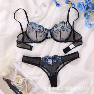 Floral Mesh Embroidery Push Up Sexy Bra Panty Set
